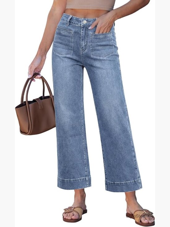 Denim - High Waist Wide Leg Cropped Jeans Stretch Denim Patch Pocket Straight Leg